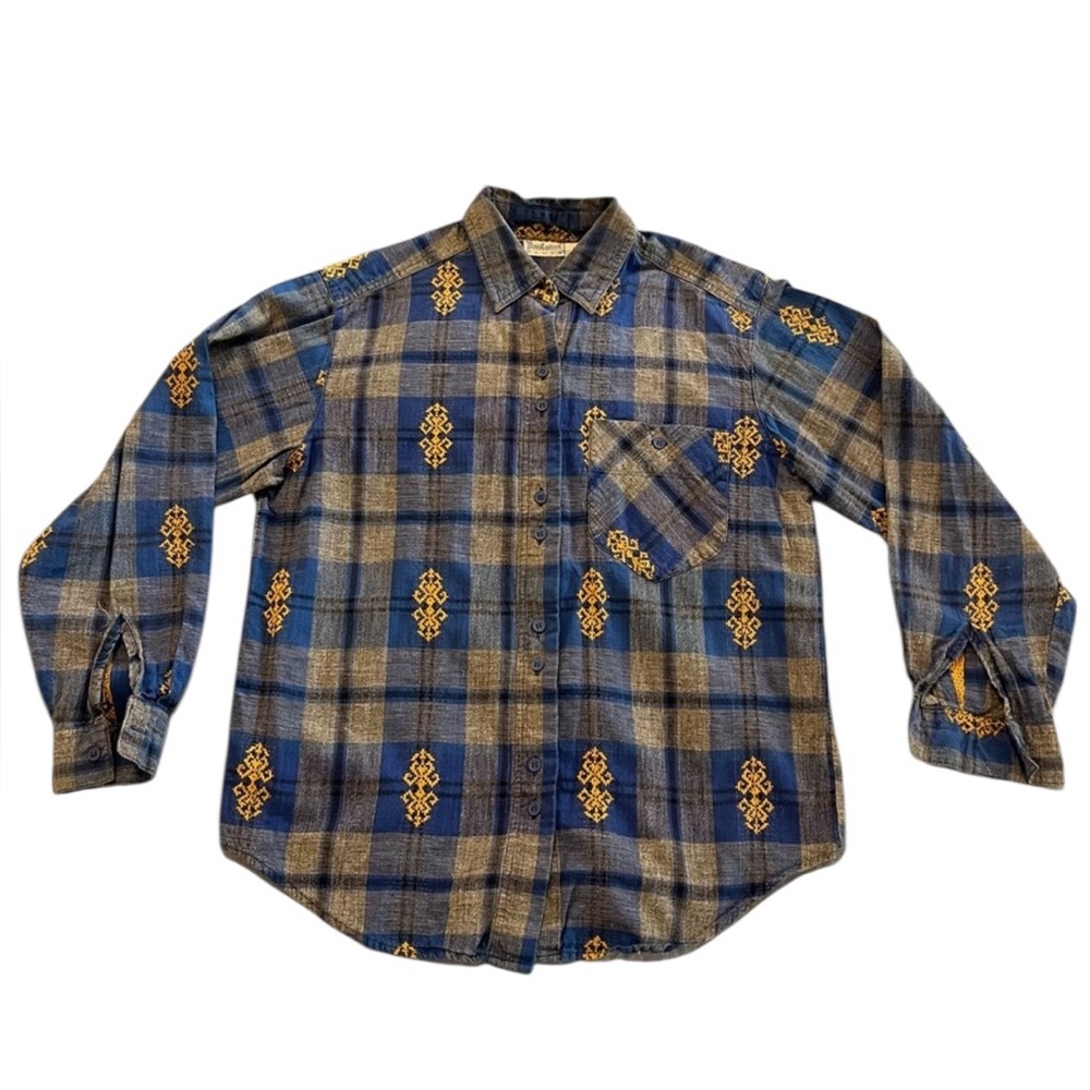 Vintage Backroad Blues Blue and‎ Gold Plaid Men’s Embroidered Shirt. M.